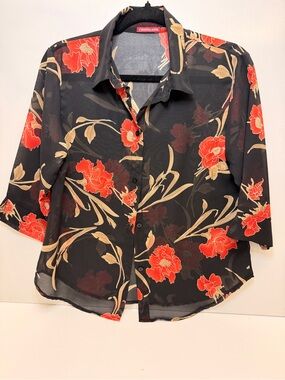 Black Floral Sheer Button-Down Shirt with Red Blooms